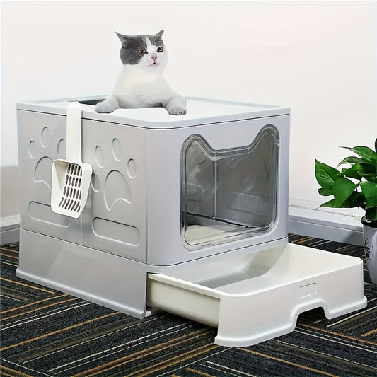 Large Folding Pet Litter Box, Enclosed Cat Litter Box, Drawer Type, Anti-Odor And Easy To Clean, Convenient, Space Saving And Hygienic Cat Litter Box Solution (Gray)