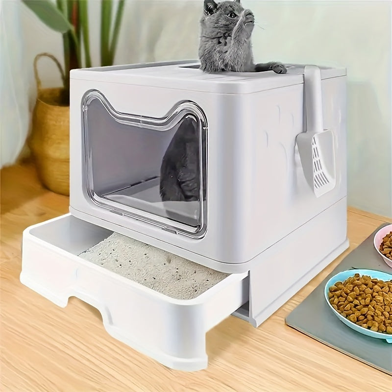 Large Folding Pet Litter Box, Enclosed Cat Litter Box, Drawer Type, Anti-Odor And Easy To Clean, Convenient, Space Saving And Hygienic Cat Litter Box Solution (Gray)