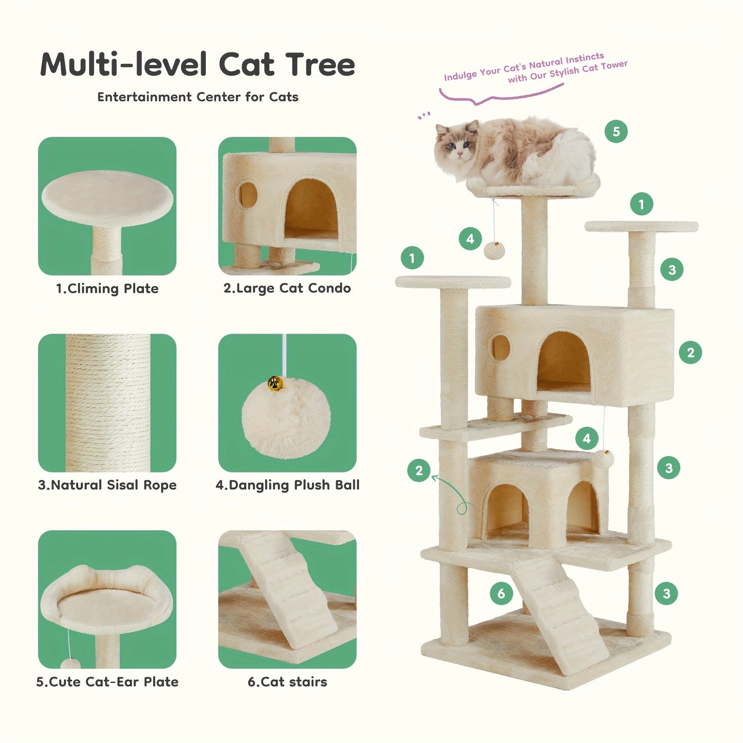 54in Large Multi-Level Cat Tree with Scratching Post, Climbing Ladder, Cat Furniture Condo House, Pet Toy Baskets, Bins & Containers for Indoor Cats