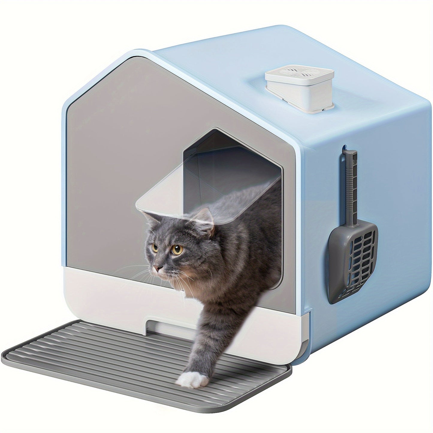 1 Extra-Large Enclosed Cat Litter Box with Mat and Scoop, Odor-Blocking Splash Guard with Cover, Easy-Clean Polyester Fiber, No Assembly Required, for Cats