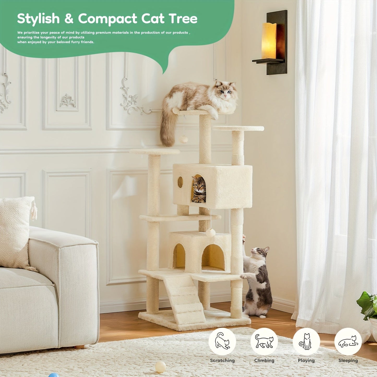 54in Large Multi-Level Cat Tree with Scratching Post, Climbing Ladder, Cat Furniture Condo House, Pet Toy Baskets, Bins & Containers for Indoor Cats