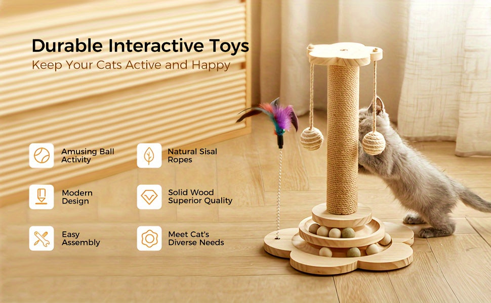 Cat Scratching Post, 4 In 1 Wooden Cat Scratcher Toy, 17.7" Tall Scratch Post With 2 Level Cat Track Balls, Interactive Cat Feather Toy And 2 Sisal Hanging Balls For Indoor Kittens, Adult Cats Christmas Thanksgiving Pet Gift Present