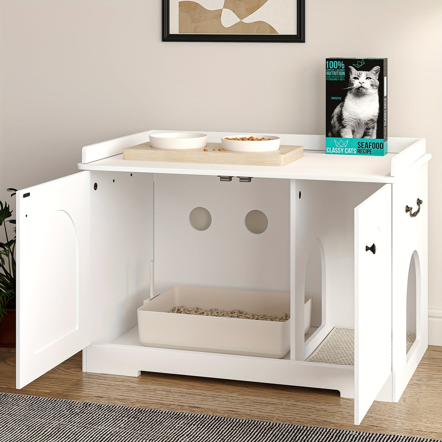 White Wooden Pet House Side End Table With Handles, Cat Litter Box Enclosure, Hidden Litter Box Furniture, Removable Partition, Waterproof Tape, For Living Room, Bedroom