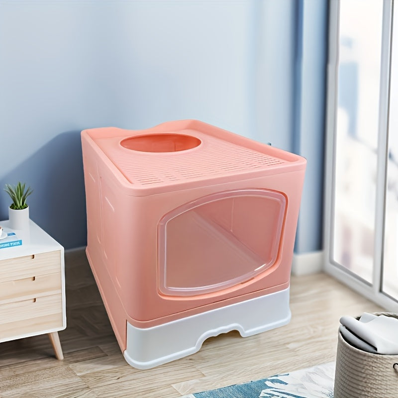 1pc WhiskerWonders Acrylic Rectangle Cat Litter Box with Lid, Anti-Splashing Enclosed Design, Top Entry Cat Toilet with Handy Drawer Scoop, Spillage Protection Cat Litter Basin