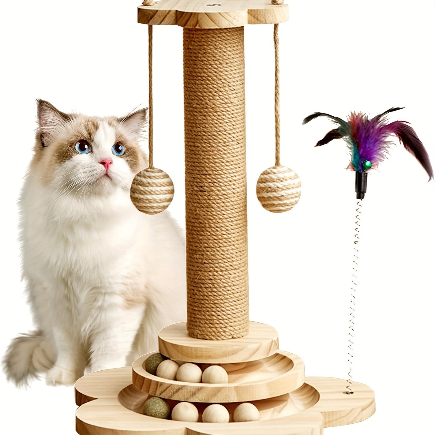 Cat Scratching Post, 4 In 1 Wooden Cat Scratcher Toy, 17.7" Tall Scratch Post With 2 Level Cat Track Balls, Interactive Cat Feather Toy And 2 Sisal Hanging Balls For Indoor Kittens, Adult Cats Christmas Thanksgiving Pet Gift Present