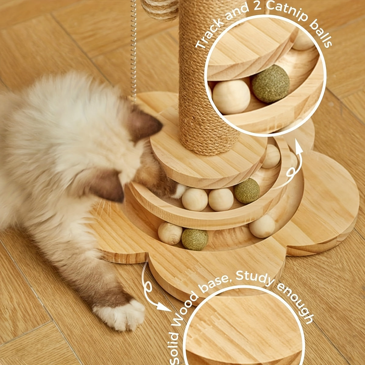 Cat Scratching Post, 4 In 1 Wooden Cat Scratcher Toy, 17.7" Tall Scratch Post With 2 Level Cat Track Balls, Interactive Cat Feather Toy And 2 Sisal Hanging Balls For Indoor Kittens, Adult Cats Christmas Thanksgiving Pet Gift Present