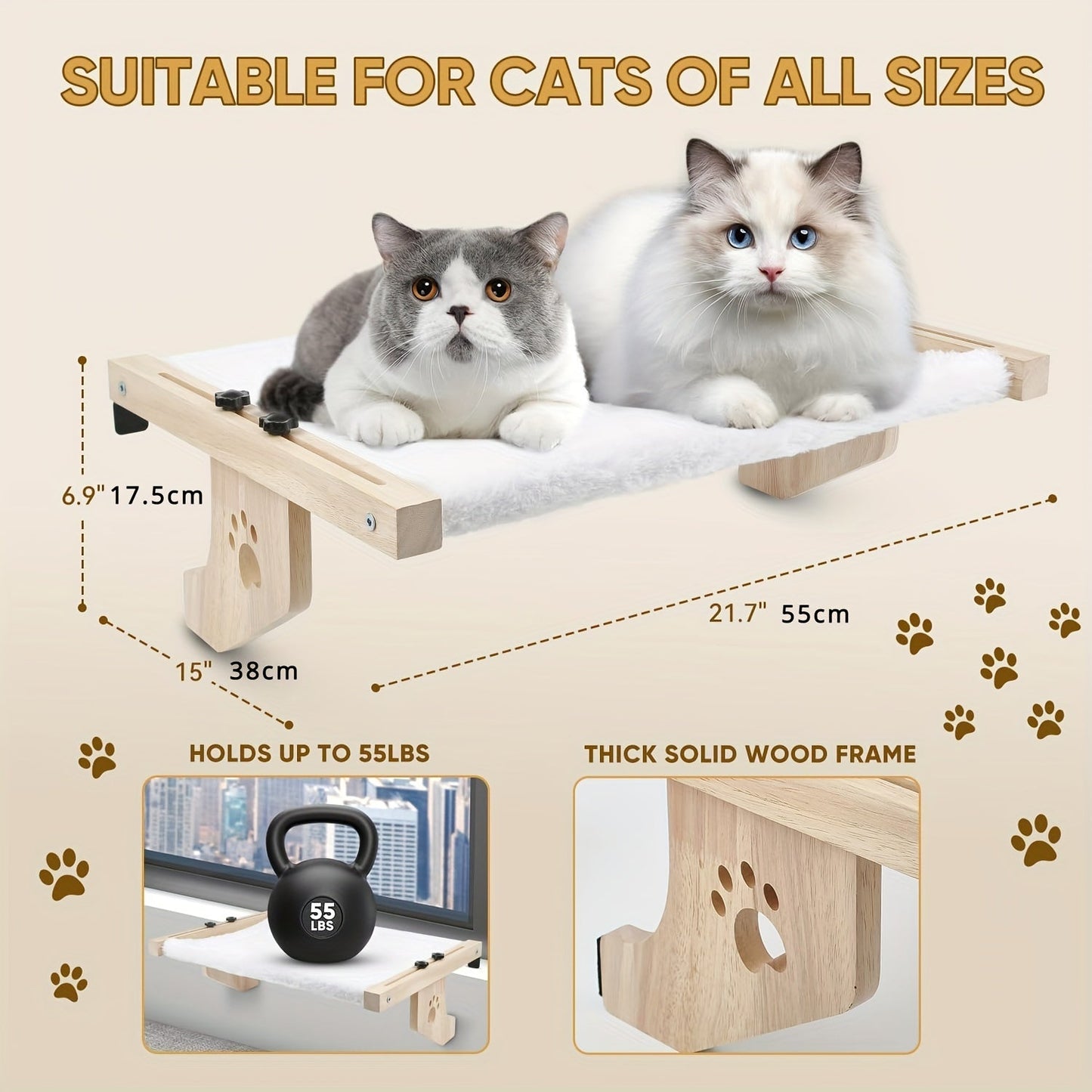 Cat Window Perch, Cat Window Hammock For Indoor Cats Wood & Metal Frame, Easy To Adjust Windowsill, Bedside, Drawer And Cabinet