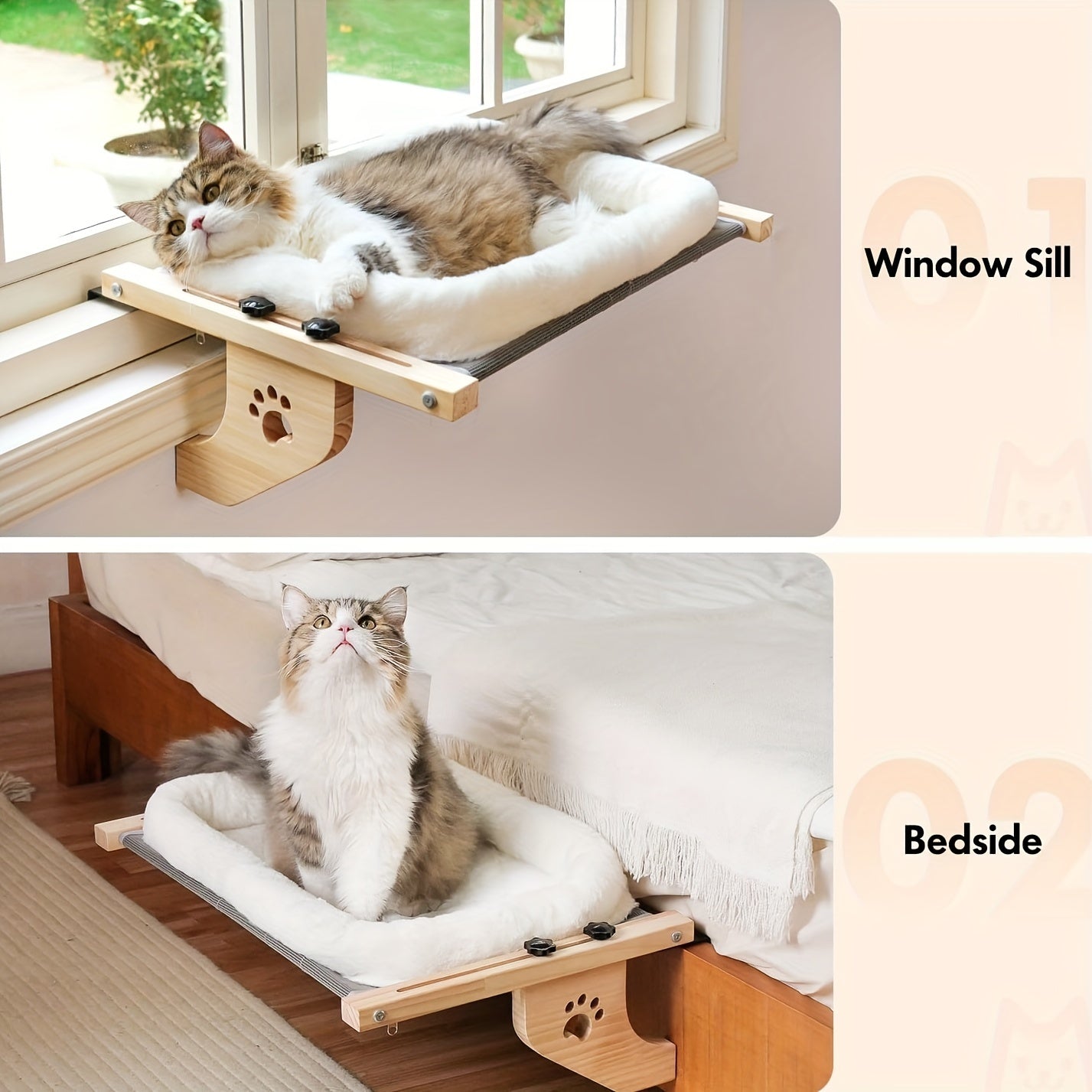 Cat Window Perch, Cat Window Hammock For Indoor Cats Wood & Metal Frame, Easy To Adjust Windowsill, Bedside, Drawer And Cabinet