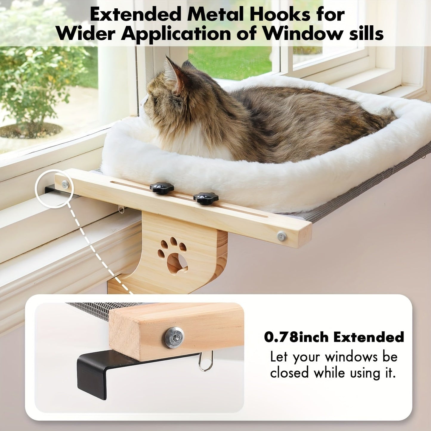 Cat Window Perch, Cat Window Hammock For Indoor Cats Wood & Metal Frame, Easy To Adjust Windowsill, Bedside, Drawer And Cabinet