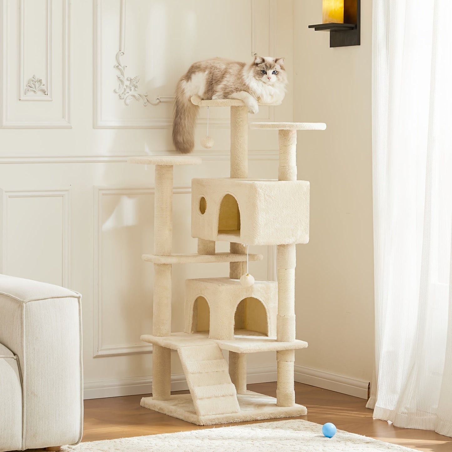 54in Multi-Level Cat Tree Tower with Sisal Scratching Post, Anti-Tilt Device, 2 Large Condo Bed, Pet House for Indoor Cats